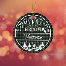 Rustic Merry Christmas Green & Black Plaid Custom