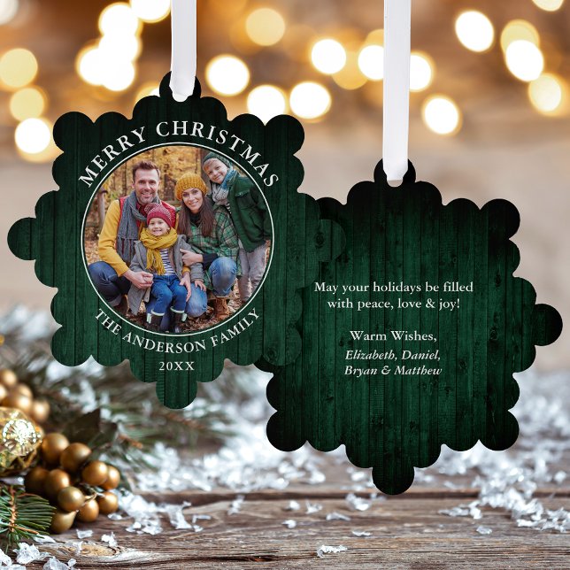 Rustic Merry Christmas Green Wood Print Tree Decoration Card (A greeting card that is also an ornament! Customize with your photo and personalized text.)