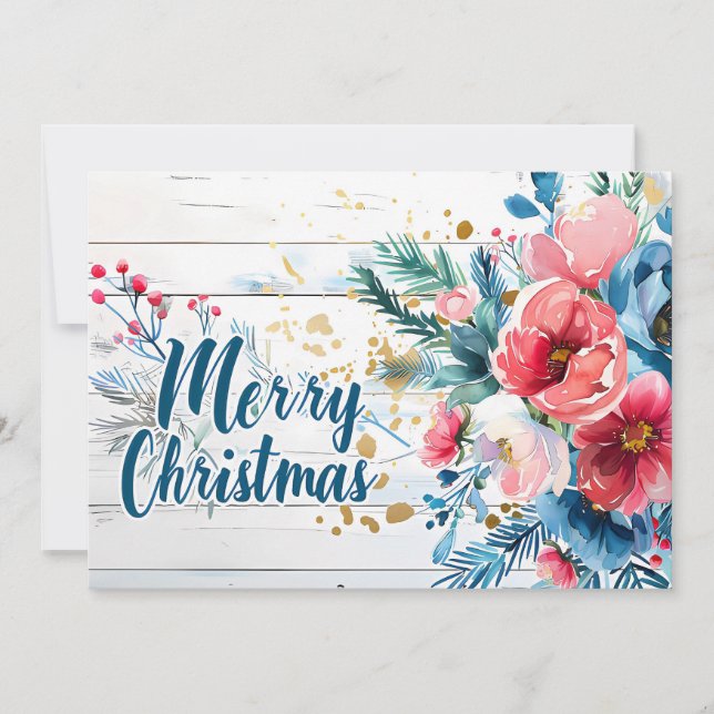 Rustic Merry Christmas Greeting Card with Flowers (Front)