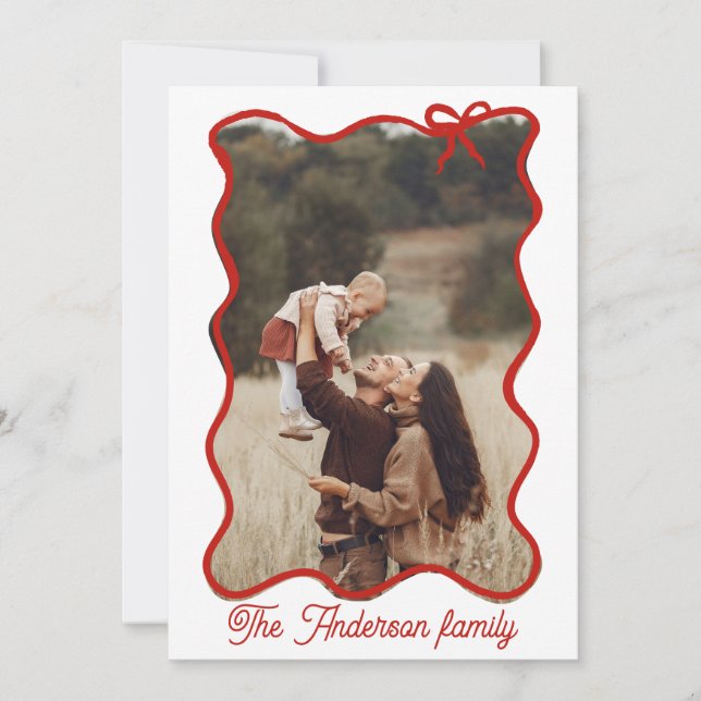 Rustic Merry Christmas Hand Drawn Red Bow Holiday Card (Front)