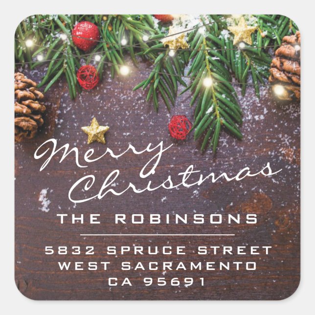 Rustic Merry Christmas | Holidays Return Address Square Sticker (Front)