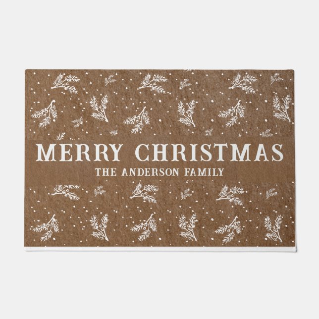Rustic Merry Christmas Holly Berries Craft paper Doormat (Front)
