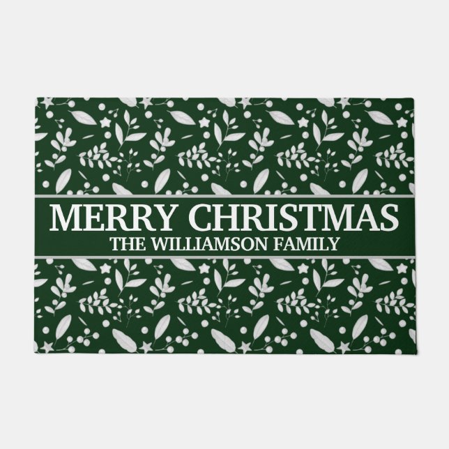 Rustic Merry Christmas Holly Berries Star Festive Doormat (Front)