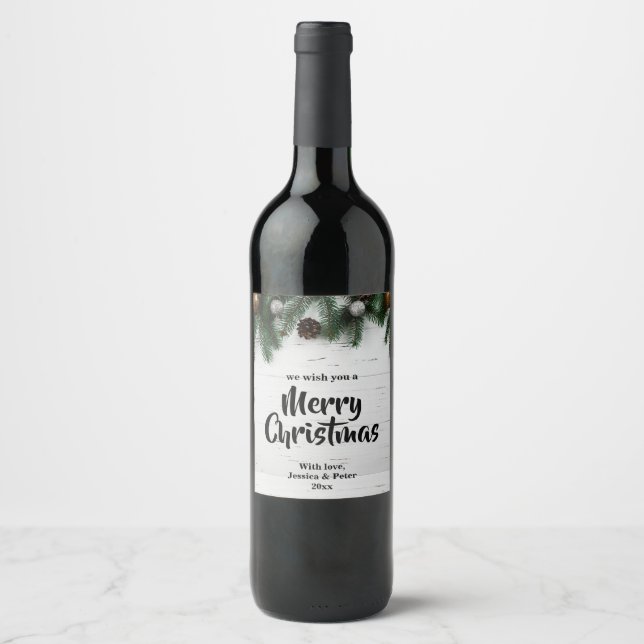 Rustic Merry Christmas pine tree Wine label (Front)