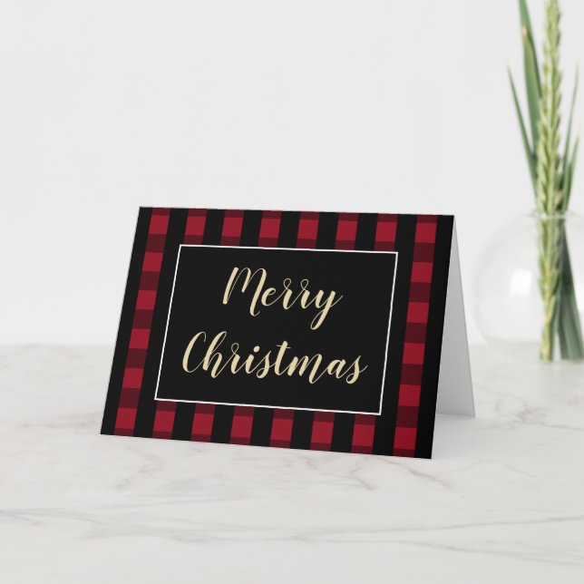 Rustic Merry Christmas Red And Black Plaid Blank Holiday Card (Front)