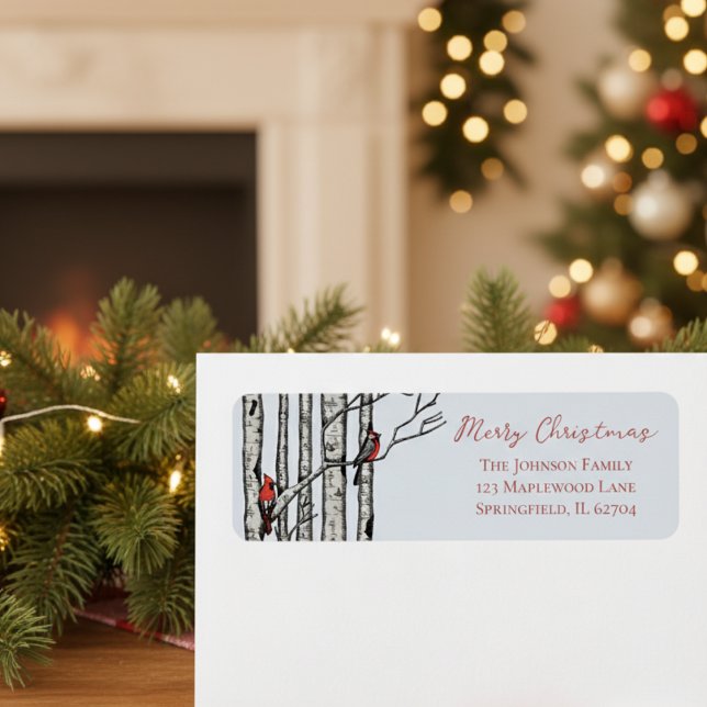 Rustic Merry Christmas Red Cardinal Return Address (Modern Holiday Festive Christmas Return Address Labels. Red Cardinal Birch Seasonal Mailing Stickers)