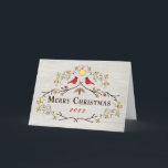 Rustic Merry Christmas Red Cardinals Holiday Card<br><div class="desc">"Merry Christmas" with cardinals,  branches and mistletoe over a wood grain  background.  Editable year on front and  message inside.  Add a photo if you like!</div>
