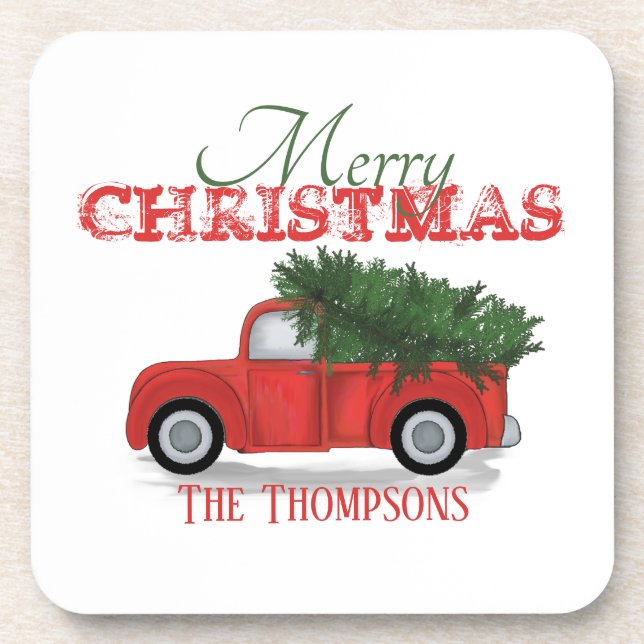 Rustic Merry Christmas Red Truck Cute Custom Coaster (Front)