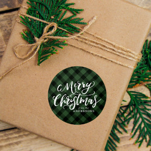 Rustic Merry Christmas Script Green Plaid Classic Round Sticker