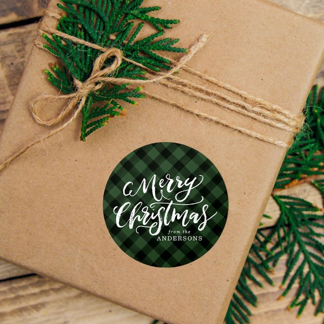 Rustic Merry Christmas Script Green Plaid Classic Round Sticker (Creator Uploaded)
