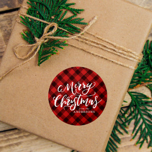 Rustic Merry Christmas Script Red Plaid Classic Round Sticker