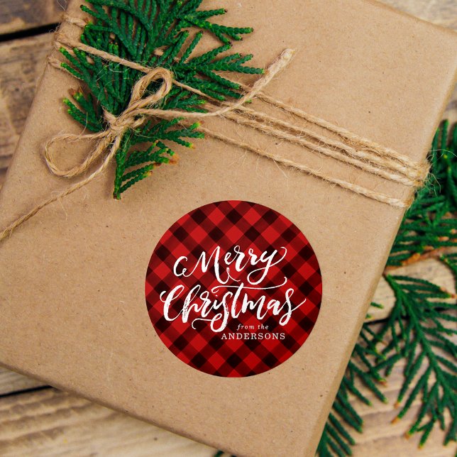 Rustic Merry Christmas Script Red Plaid Classic Round Sticker (Creator Uploaded)