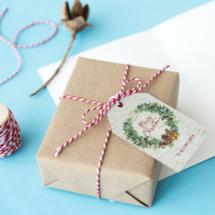 Rustic Merry Christmas Script Wreath Birch Bark Gift Tags
