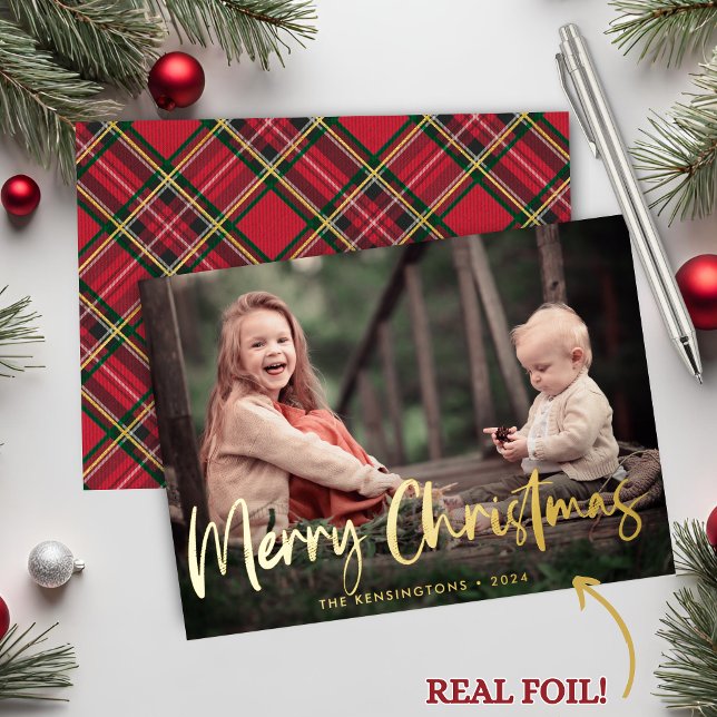 Rustic Merry Christmas Tartan Plaid Holiday Photo (Rustic Gold Foil Merry Christmas Tartan Plaid Holiday Photo Cards)