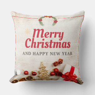 Rustic Merry Christmas Throw Pillow with Wreath