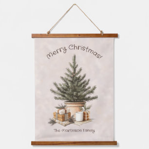 Rustic Merry Christmas Tree Gifts Family Name Hanging Tapestry