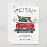 Rustic Merry Christmas Tree Vintage Red Truck Name Holiday Card<br><div class="desc">Send warm wishes this holiday season with one of our custom rustic flat cards. This farmhouse inspired design features a vintage red truck with a Christmas tree in the back on a background of pine trees and white and grey weathered wood. The card reads "Merry Christmas & Happy New Year"...</div>