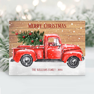 Rustic Merry Christmas Tree Vintage Red Truck Name Holiday Postcard