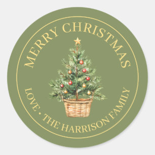 Rustic Merry Christmas Watercolor Pine Tree Green Classic Round Sticker