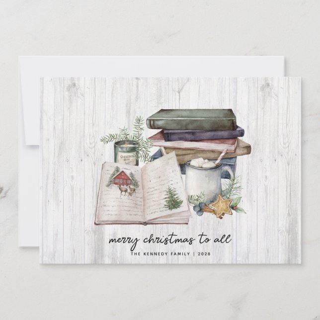 Rustic Merry Christmas White Wood Watercolor  Holiday Card (Front)