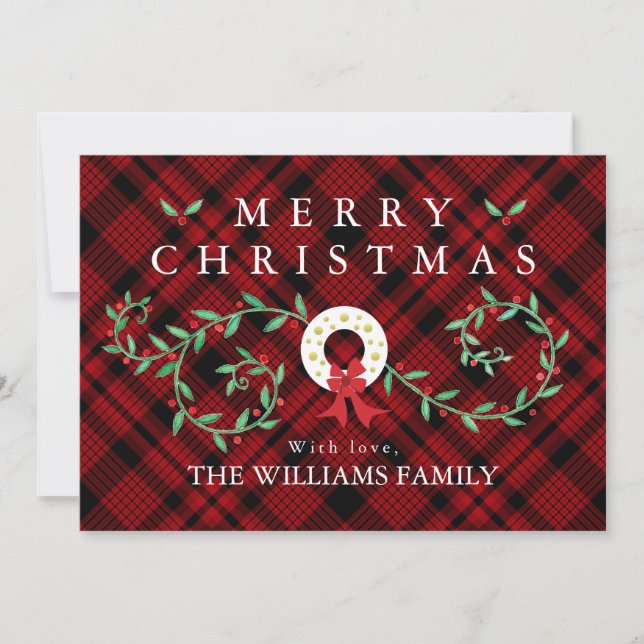 Rustic Merry Christmas Wreath Red Plaid Family Holiday Card (Front)