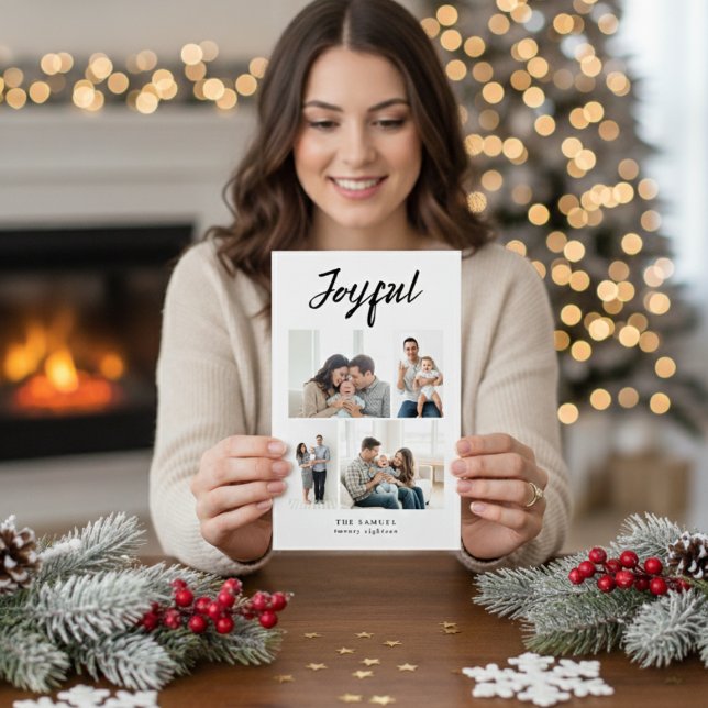 Rustic Merry Four Family Photo Collage White Holiday Card (Creator Uploaded)