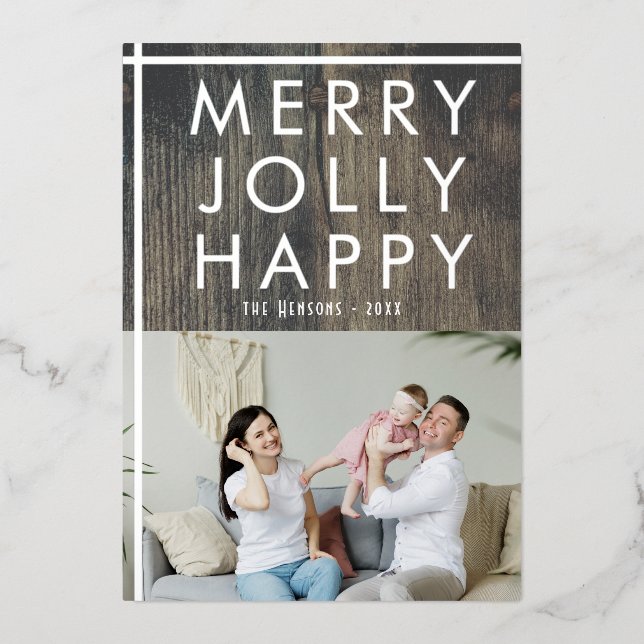Rustic Merry Jolly Wood Family Photo Christmas (Front)
