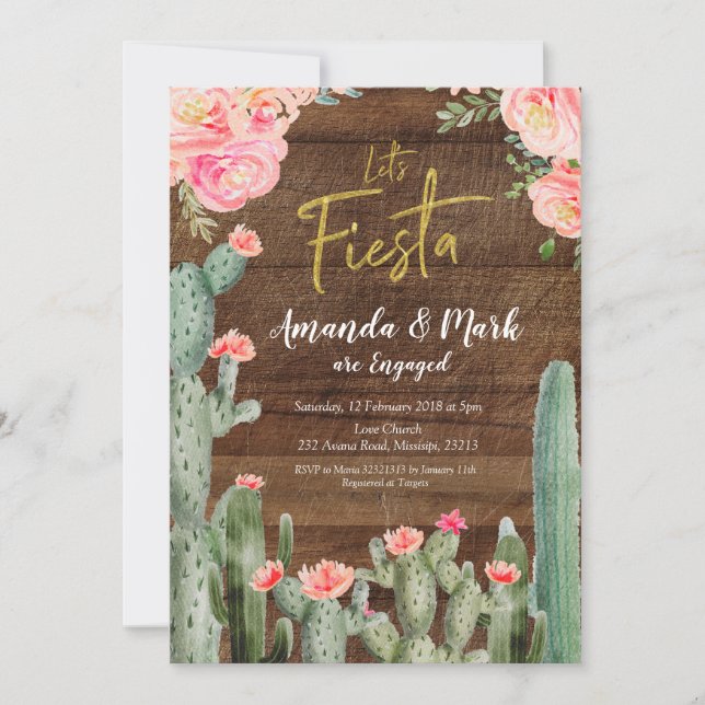 Rustic Mexican Cactus Fiesta Engagement Party Invitation (Front)