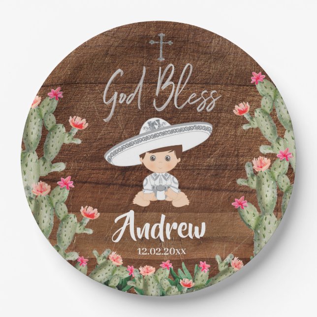 Rustic Mexican Silver Charro Baptism Paper Plate (Front)
