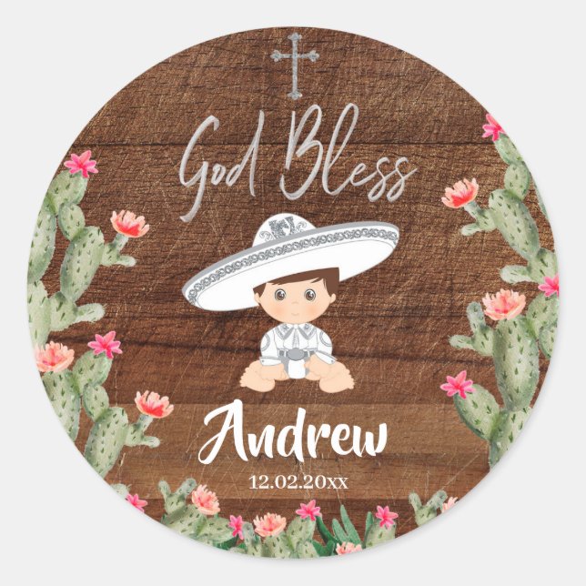 Rustic Mexican Silver Charro Baptism Sticker (Front)
