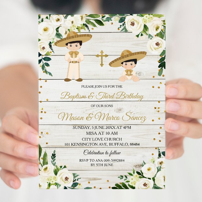 Rustic Mexican Twin Boy Baptism & Third Birthday Invitation (Creator Uploaded)