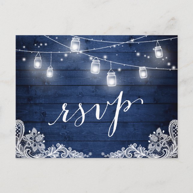 Rustic Midnight Blue Mason Jar Lights Wedding RSVP Invitation Postcard (Front)