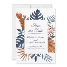  Rustic Midnight Blue Monstera Save the Date Card