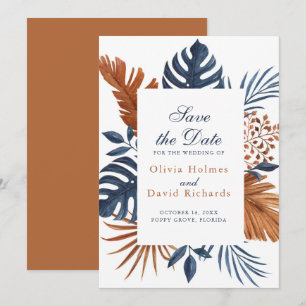 Rustic Midnight Blue Monstera Save the Date Card