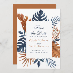  Rustic Midnight Blue Monstera Save the Date Card