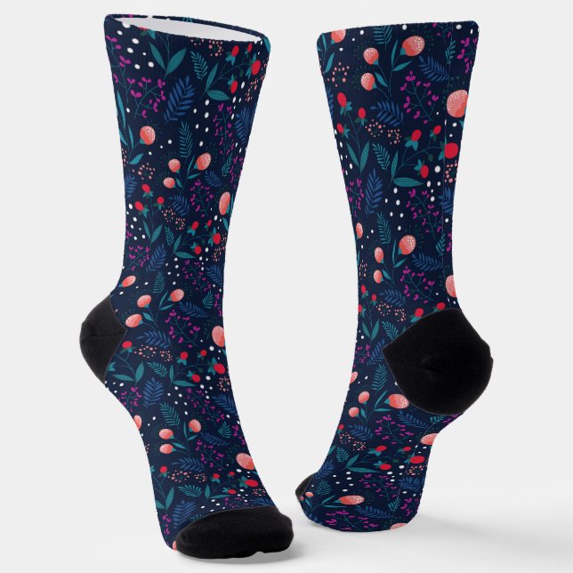 Rustic Midnight Blue Spring Flowers Garden Socks (Angled)