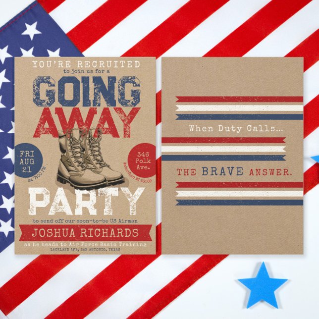 Rustic Military Boots Going Away Farewell Party Invitation (Military Combat Boots Going Away Party, Farewell Rustic Vintage Party Invitation, front and back )