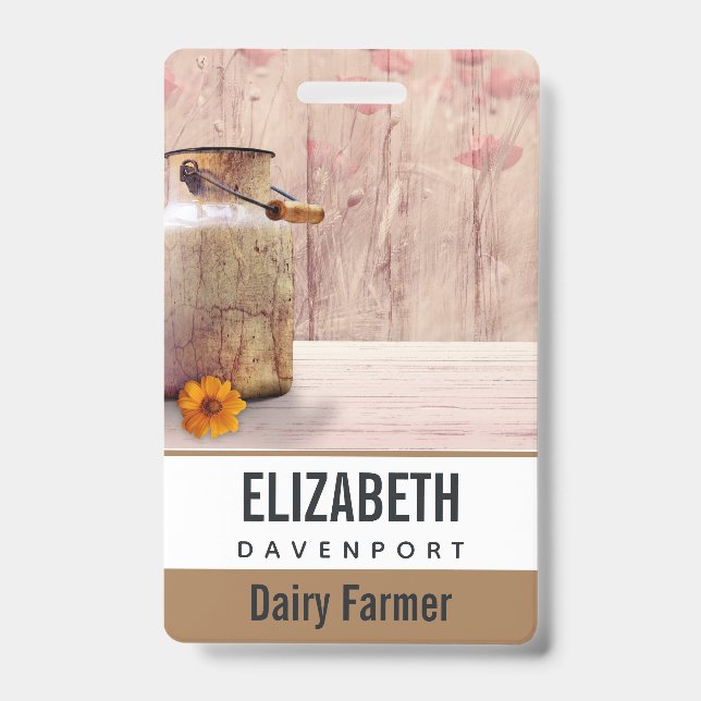 Rustic Milk Can Country Style on Wood ID Badge (Front)