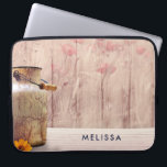 Rustic Milk Can Country Style on Wood Laptop Sleeve<br><div class="desc">Personalised laptop sleeve with a rustic country design. An old rusting milk can with a pretty orange flower. Wheat and faded red poppies in the background set against a faint wood panel. Wood is just an image,  not real.</div>