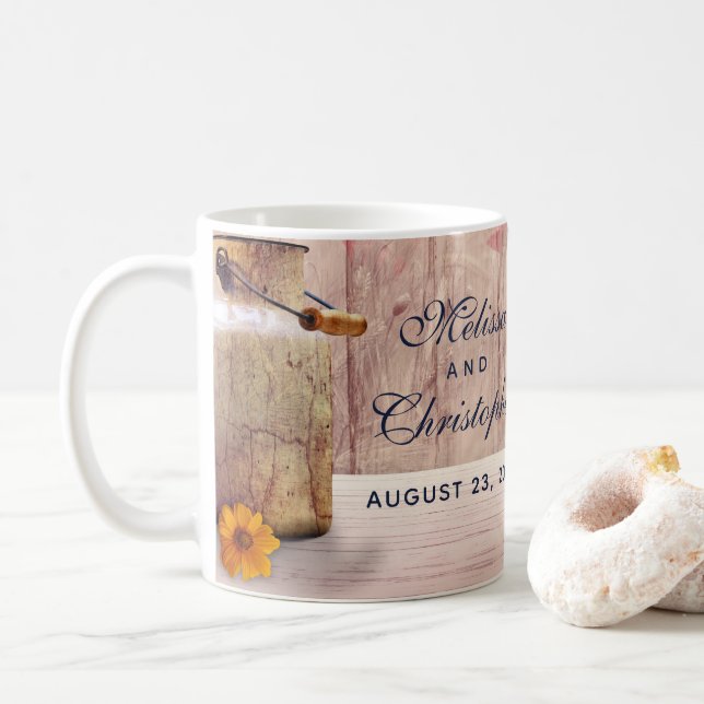 Rustic Milk Can with Wheat and Flowers Wedding Coffee Mug (With Donut)