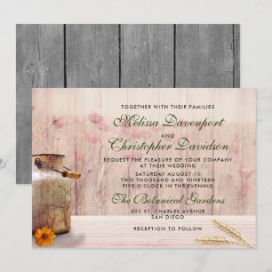 Rustic Milk Can with Wheat and Flowers Wedding Invitation