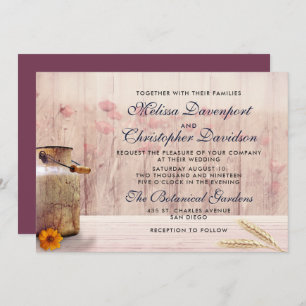 Rustic Milk Can with Wheat and Flowers Wedding Invitation
