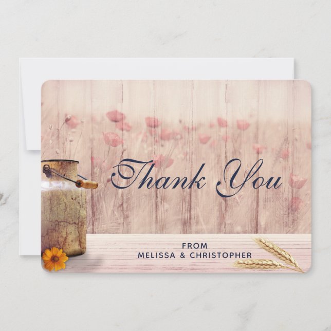 Rustic Milk Can with Wheat and Flowers Wedding Thank You Card (Front)