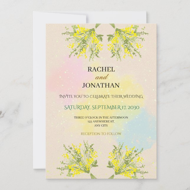 Rustic Mimosa Floral Watercolor Wedding Invitation (Front)
