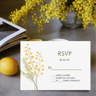 Rustic mimosa flowers yellow wedding rsvp card