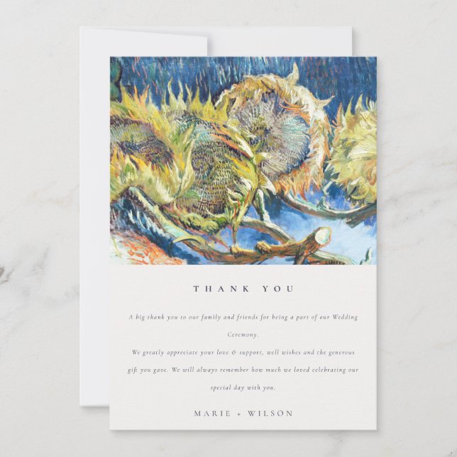 Rustic Minimal Blue Yellow Sunflower Wedding Thank You Card (Front)