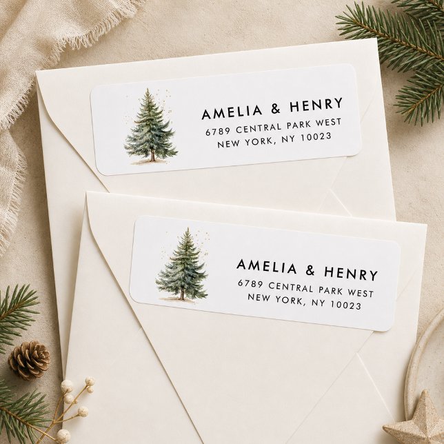 Rustic Minimal Christmas Tree Return Address Label (Rustic Minimal Christmas Tree Return Address Label displayed on cream envelopes)