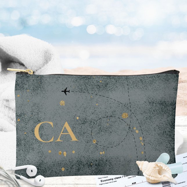 Rustic Minimal Monogram Aeroplane Black Gold Trave Accessory Pouch (Minimalist Monogram Plane Dark Gray Gold Travel Accessory Pouch ©Susanne Sachers - Sunny Wanderlust )