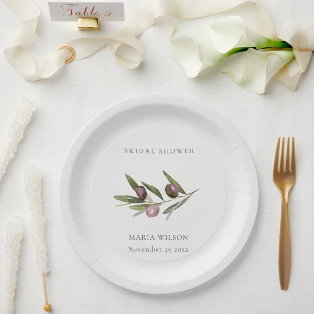 Rustic Minimal Olive Branch Foliage Bridal Shower Paper Plate (Wedding)