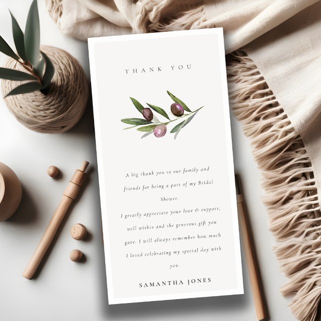 Rustic Minimal Olive Branch Foliage Bridal Shower Thank You Card (Creator Uploaded)